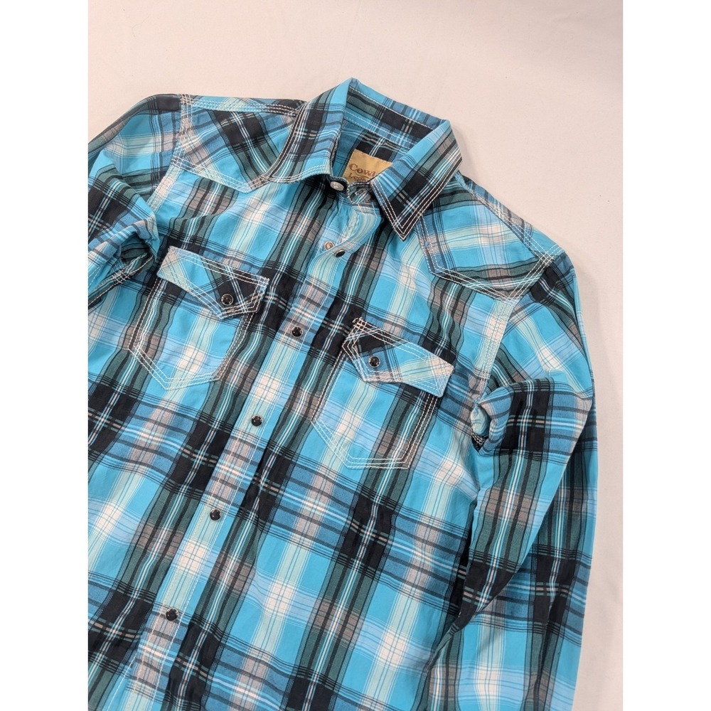 Cowboy Up Boys Large shirt western pearl snap blue plaid cowboy‎ rodeo ranch